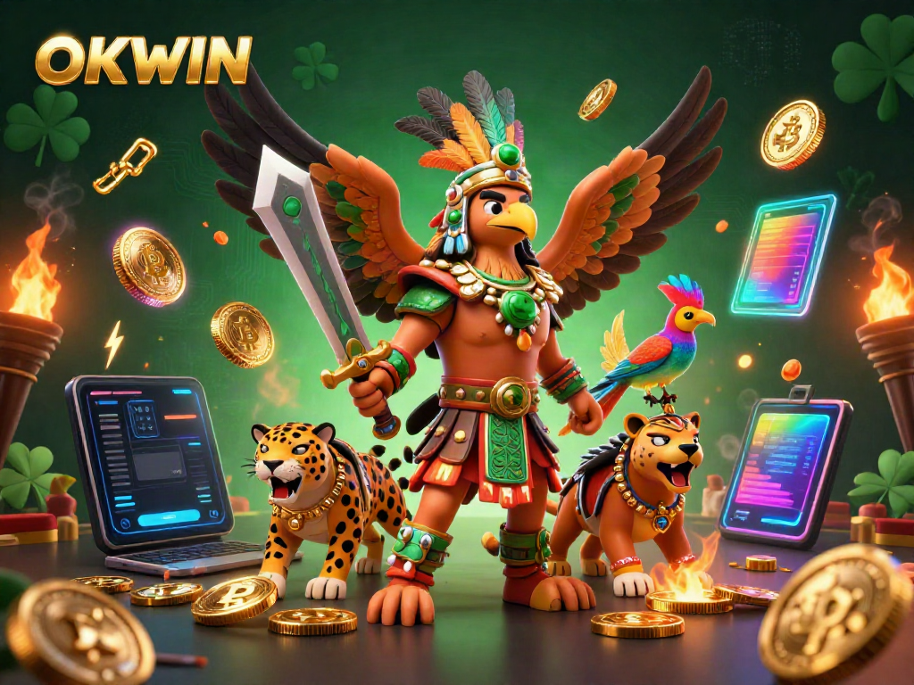 Engage in the excitement at OKWIN with Aztec warriors and crypto elements in a vibrant casino atmosphere.