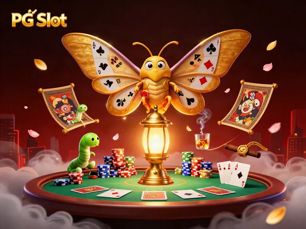 Permainan PG Slot yang mendebarkan dengan kupu-kupu atlas 3D dan koin emas bersinar.