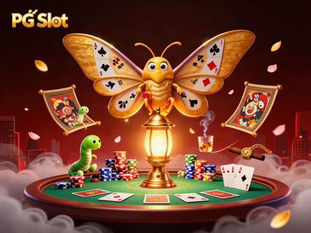 Permainan PG Slot yang mendebarkan dengan kupu-kupu atlas 3D dan koin emas bersinar.