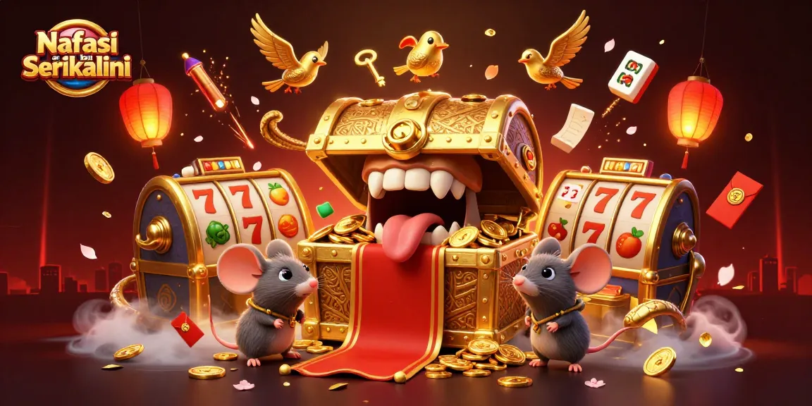 Nafasi za kazi Serikalini showcases an enticing 3D treasure chest scene attracting adventurer mice with casino elements like slot reels and fireworks.