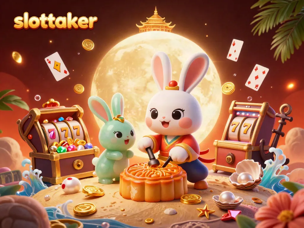 Experience slottalker magic with a vibrant scene of a moon rabbit and jade companion amid dazzling casino symbols.