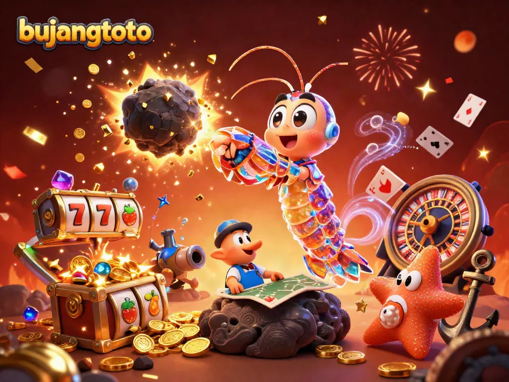 Experience exciting gameplay with bujangtoto, featuring vibrant slot reels and a galactic samurai mantis shrimp.