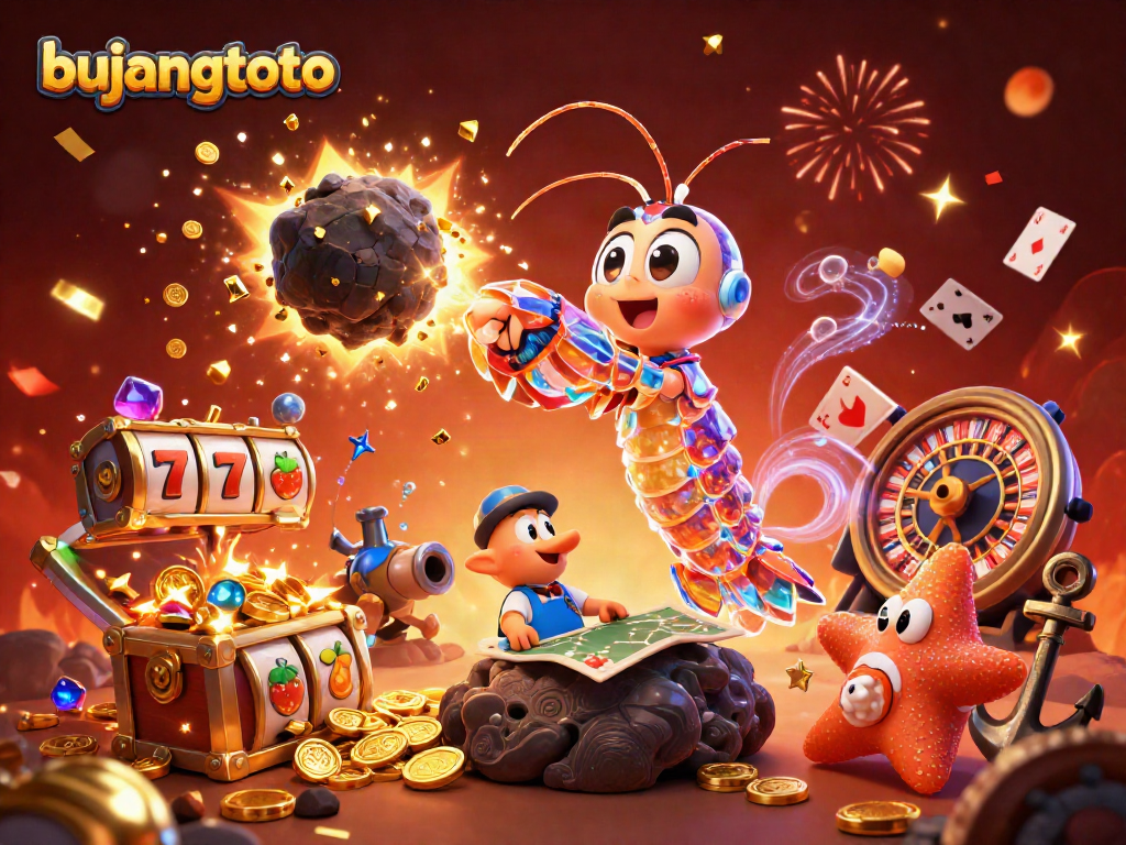Experience exciting gameplay with bujangtoto, featuring vibrant slot reels and a galactic samurai mantis shrimp.