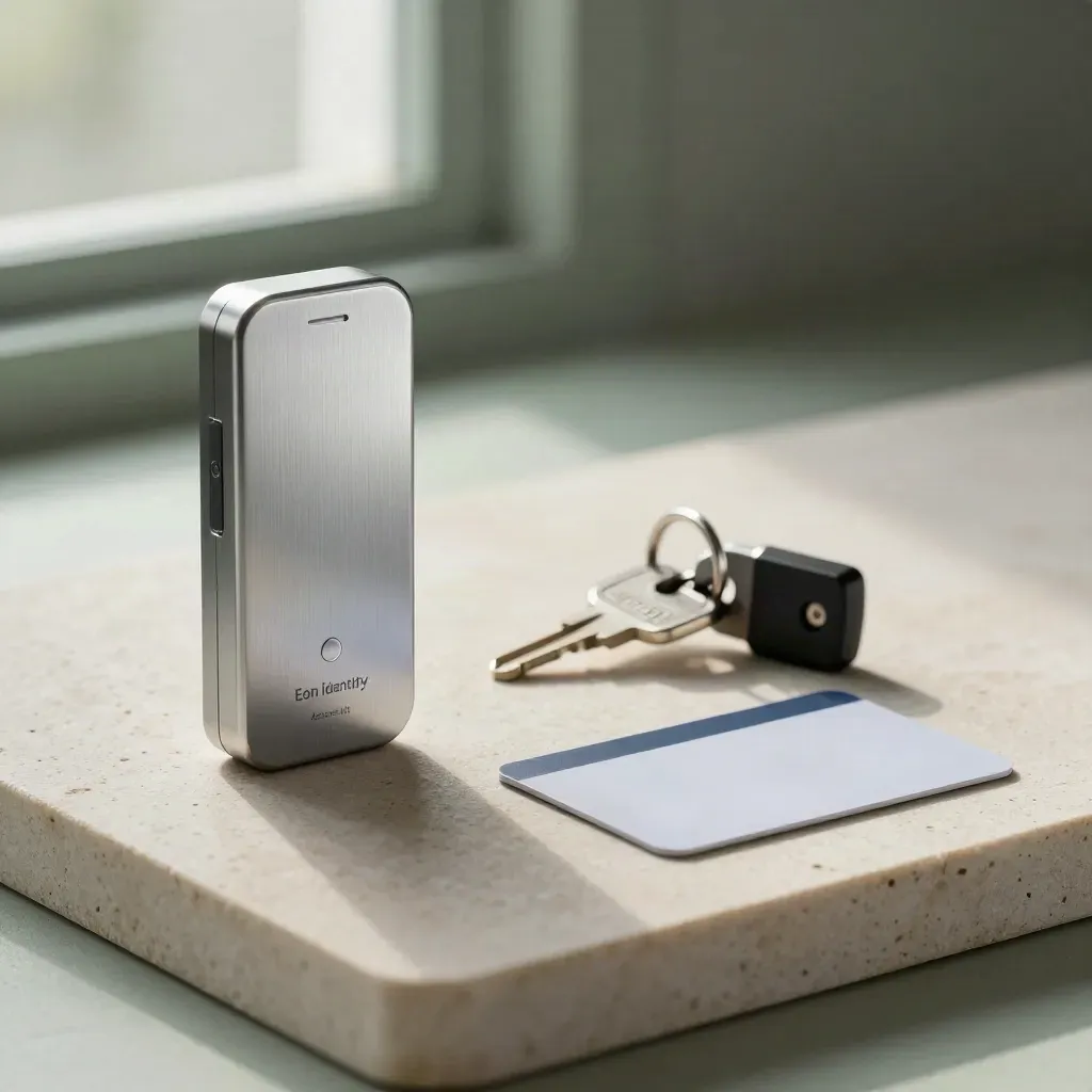 Biometric reader and access tools on pale stone in cool rain haze.
