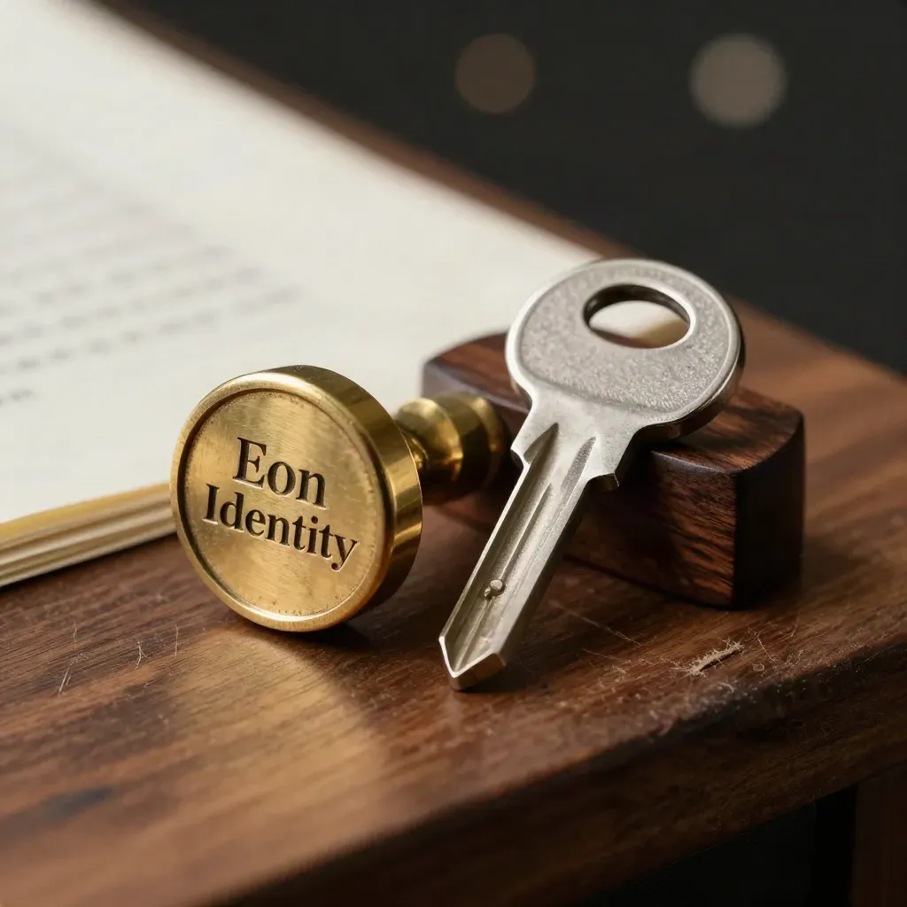 Brass seal, steel key blank and walnut paperweight on a warm finance bench