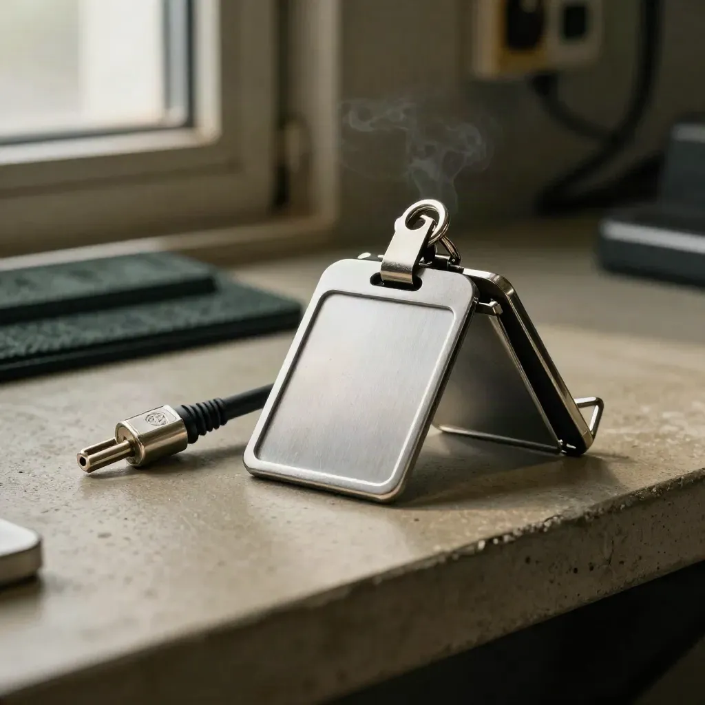 Dramatic still life of access-control hardware on a concrete shelf, lit with smoky side light.