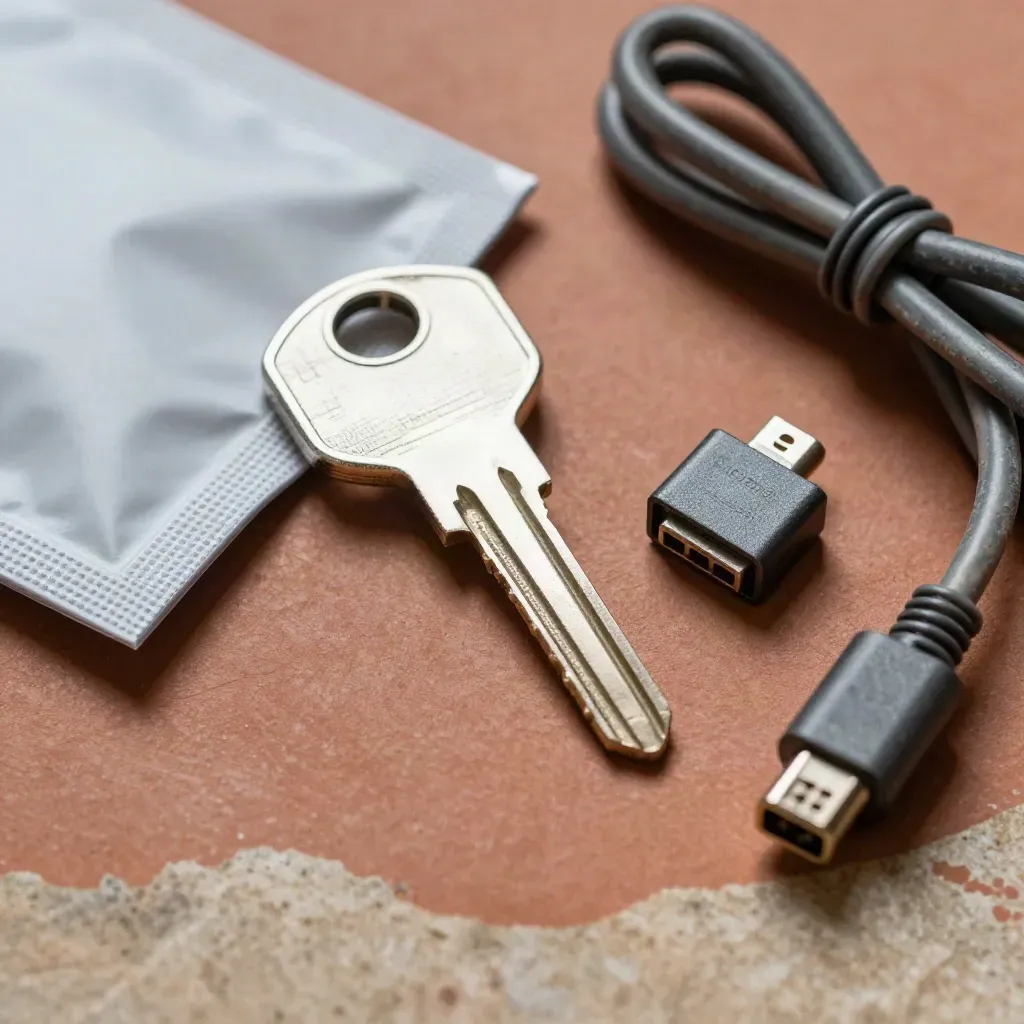 Hardware key with anti-static pouch, connector block, and cable on terracotta stone