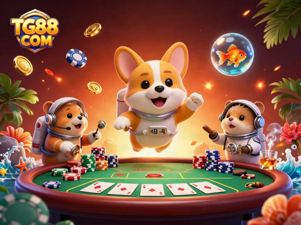 Rolling the dice with TG88 COM in a vibrant space casino filled with poker chips and golden coins.