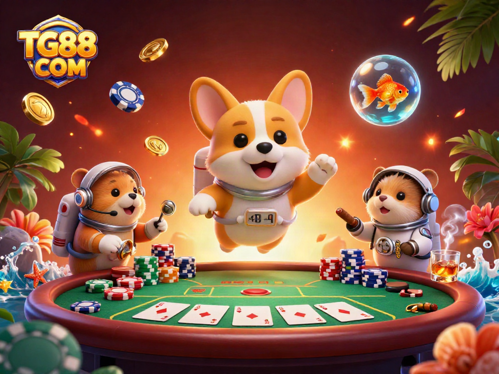 Rolling the dice with TG88 COM in a vibrant space casino filled with poker chips and golden coins.