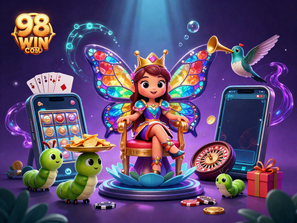 Engage in the exciting world of 98 WIN COM featuring vibrant characters and dynamic casino elements.