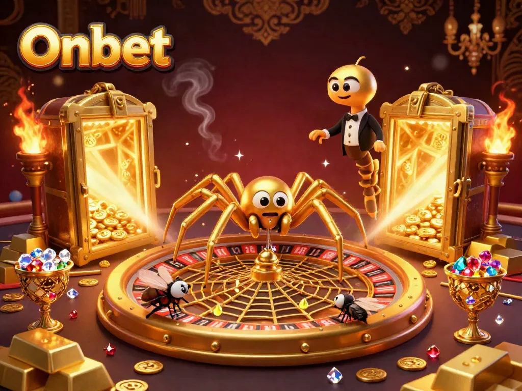 Experience excitement at Onbet with vibrant casino-themed games and golden treasures scattered across the scene.