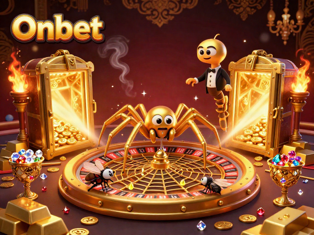 Experience excitement at Onbet with vibrant casino-themed games and golden treasures scattered across the scene.