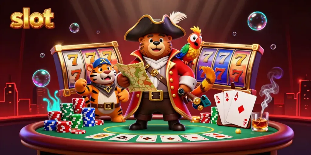 Experience thrilling slot adventures with a cartoon pirate, tiger, and parrot amidst colorful casino elements.