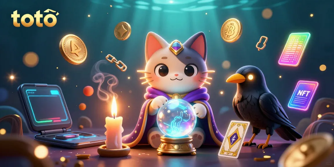 Engage with toto online lottery through a mystical 3D scene featuring fortune teller cat and tarot raven.