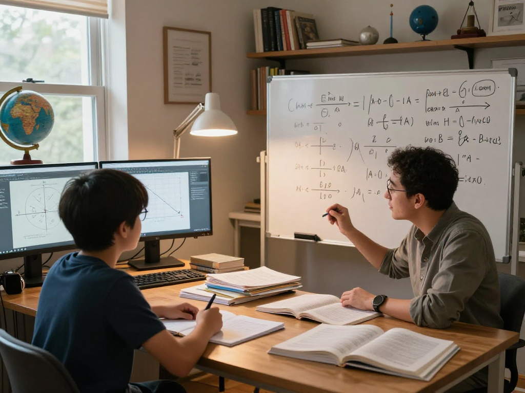 Engaged student receiving physics tuition in a cozy study with textbooks and diagrams, fostering personalized learning