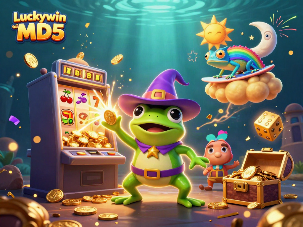 Experience the vibrant gaming world with Luckywin tài xỉu MD5, showcasing exciting casino elements and characters.