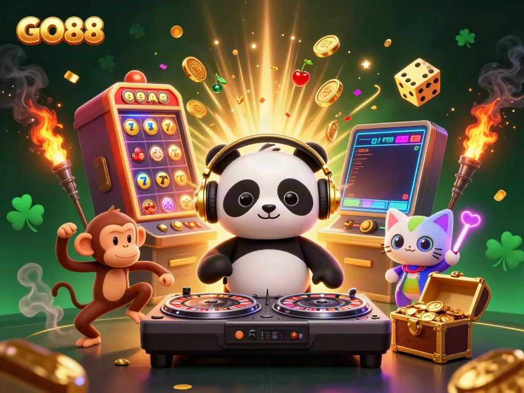 Experience the electrifying GO88 casino scene with DJ panda, breakdancing monkey, and glow-stick kitten!