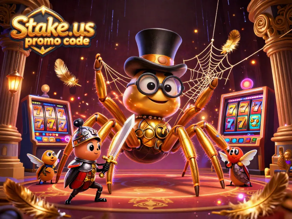 Win big with stake.us promo code as a golden tarantula weaves a web in a vibrant casino scene