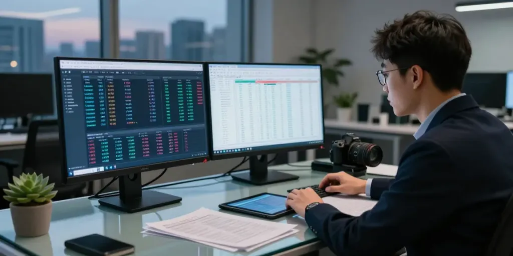 Expert in digital asset tracing analyzing blockchain data in a modern office.