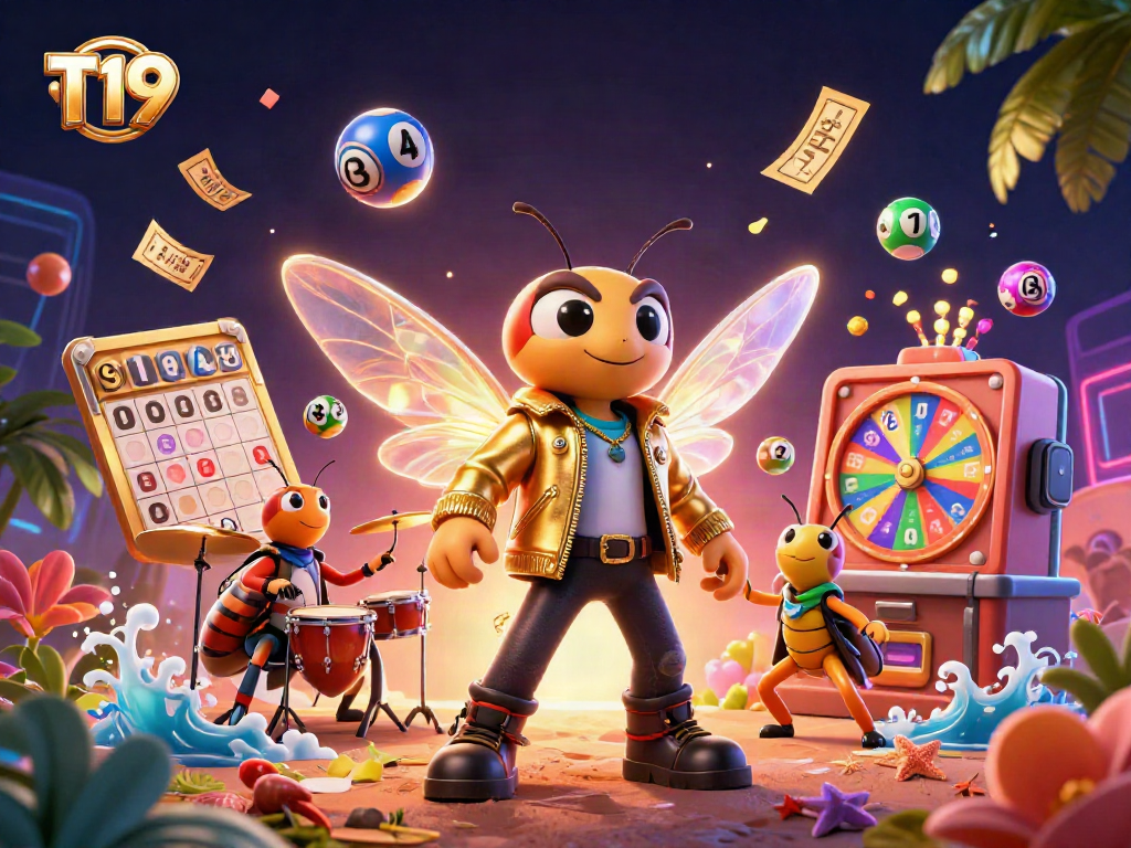 T19 engaging casino scene with cartoon characters, lottery elements, and vibrant gambling visuals.