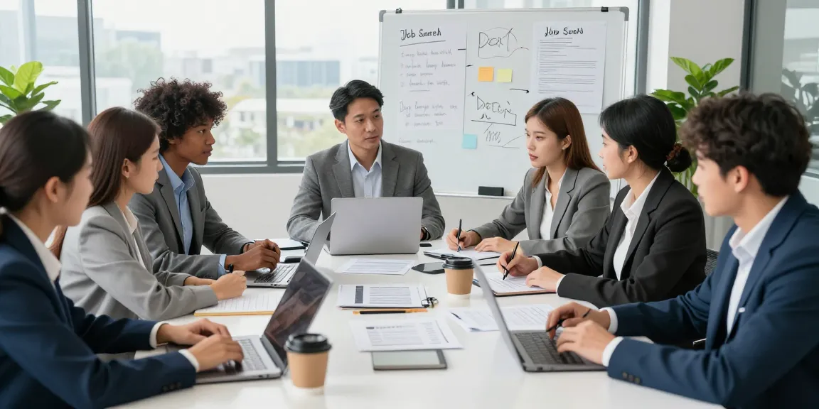 Dynamic office job search scene with professionals discussing หางาน strategies, emphasizing collaboration.