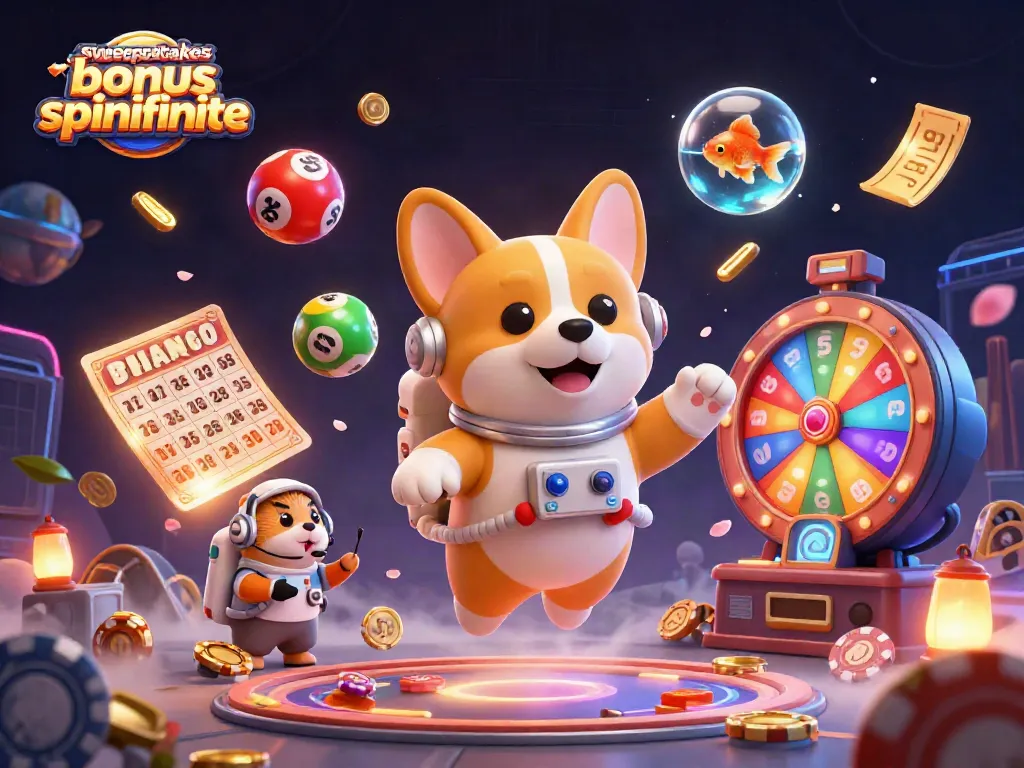 Engage with the sweepstakes casino bonus spinfinite in a vibrant, dynamic 3D space casino scene filled with excitement.