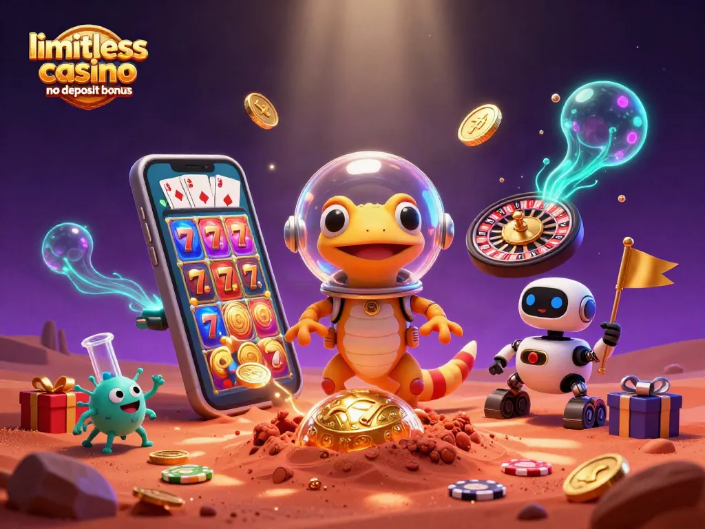 Experience the thrill of limitless casino no deposit bonus with a Martian gecko discovering treasures and games.