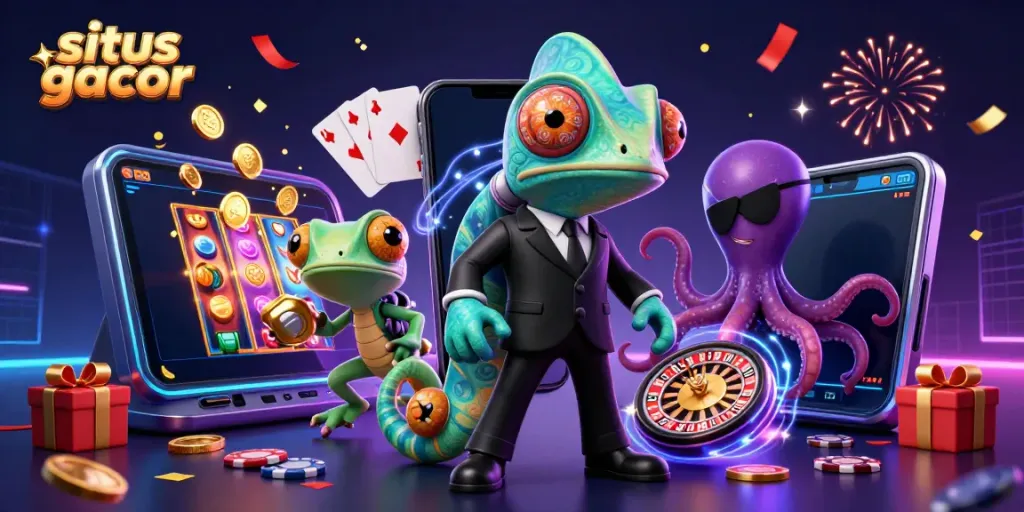 Experience the excitement of situs gacor with our colorful 3D casino illustration featuring dynamic characters and game elements.