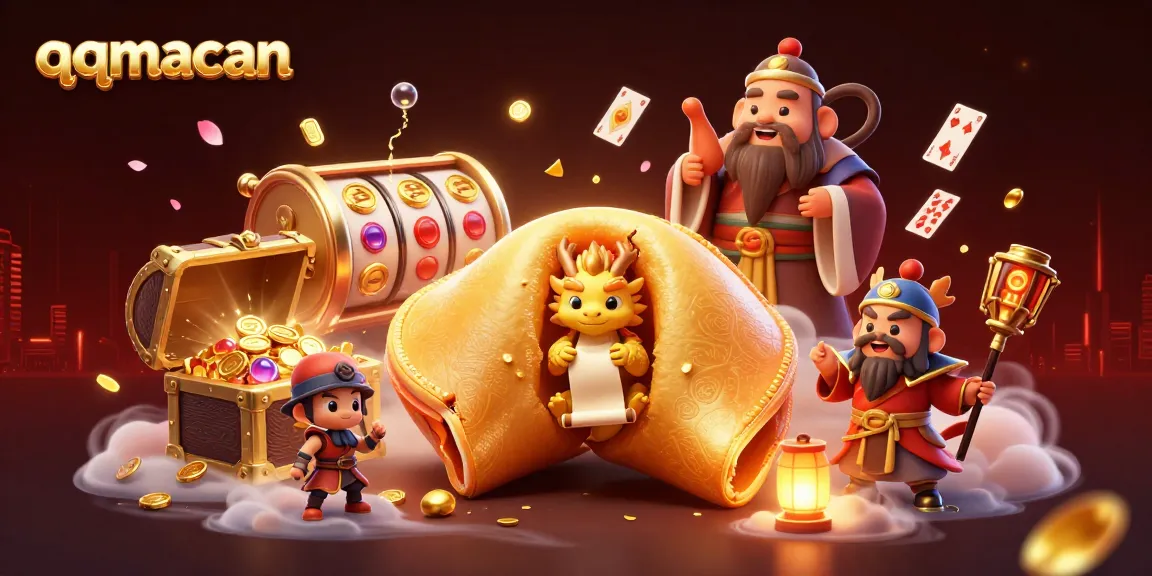 Engage in exciting gaming adventures with qqmacan, featuring a dynamic scene of a golden fortune cookie and slot reels.