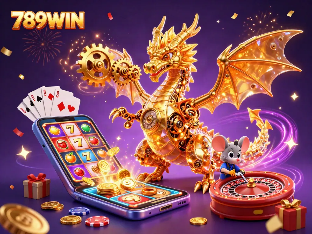 Experience the excitement of 789WIN with a dynamic dragon and casino games in a vibrant illustration.