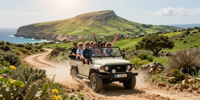 Group of tourists on a Gozo jeep tour enjoying a vibrant landscape