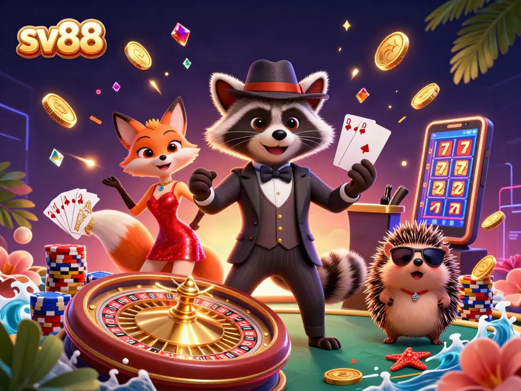 Experience sv88 excitement with a suave raccoon, fox, and hedgehog at a lively casino scene.