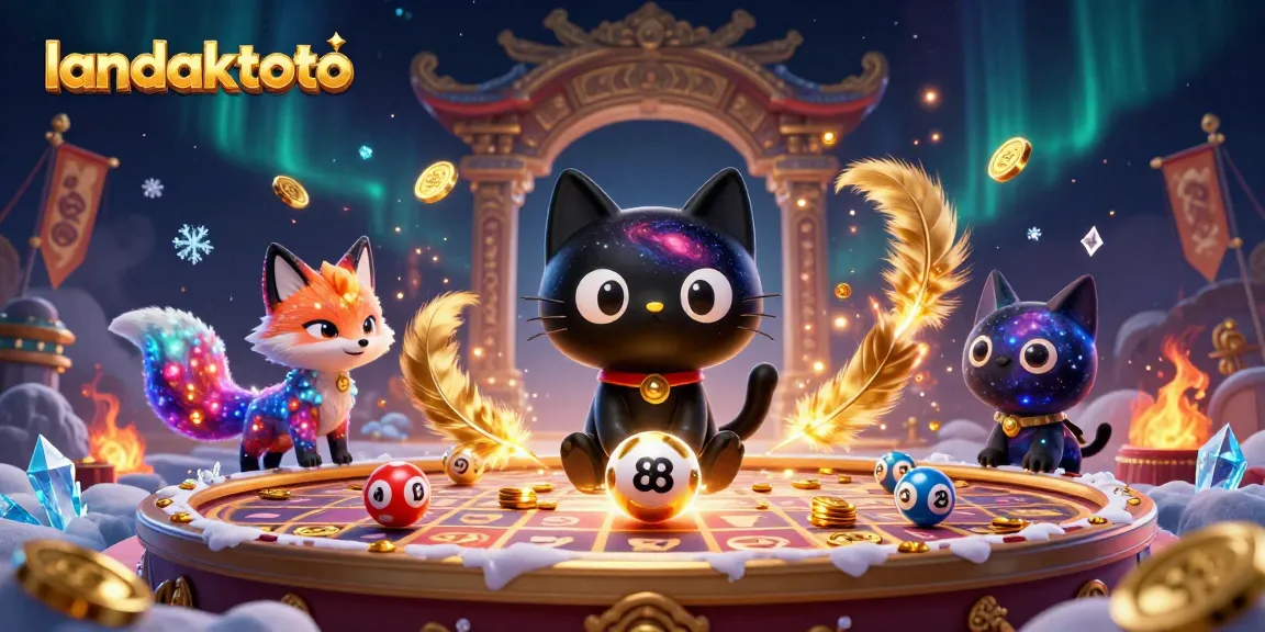 Melihat lotere yang menarik di LANDAKTOTO dengan kucing hitam dan rubah nebula dalam ilustrasi 3D.