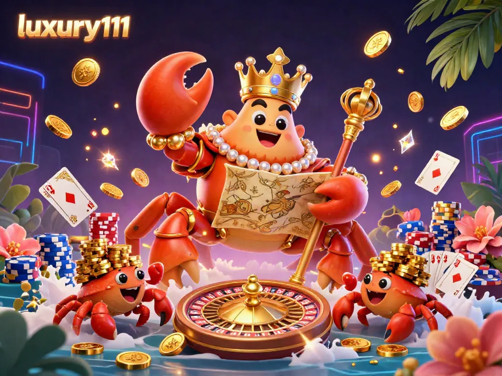 Experience luxury111 with this lively casino-themed 3D illustration, featuring a golden crab empress and vibrant game elements.