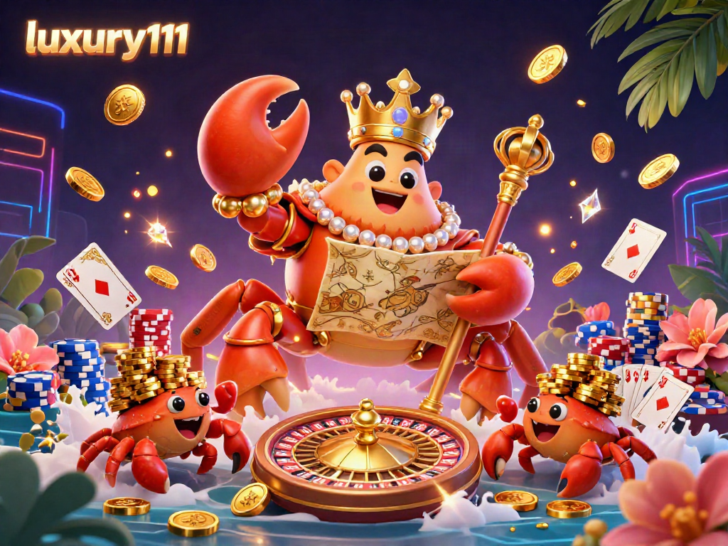 Experience luxury111 with this lively casino-themed 3D illustration, featuring a golden crab empress and vibrant game elements.