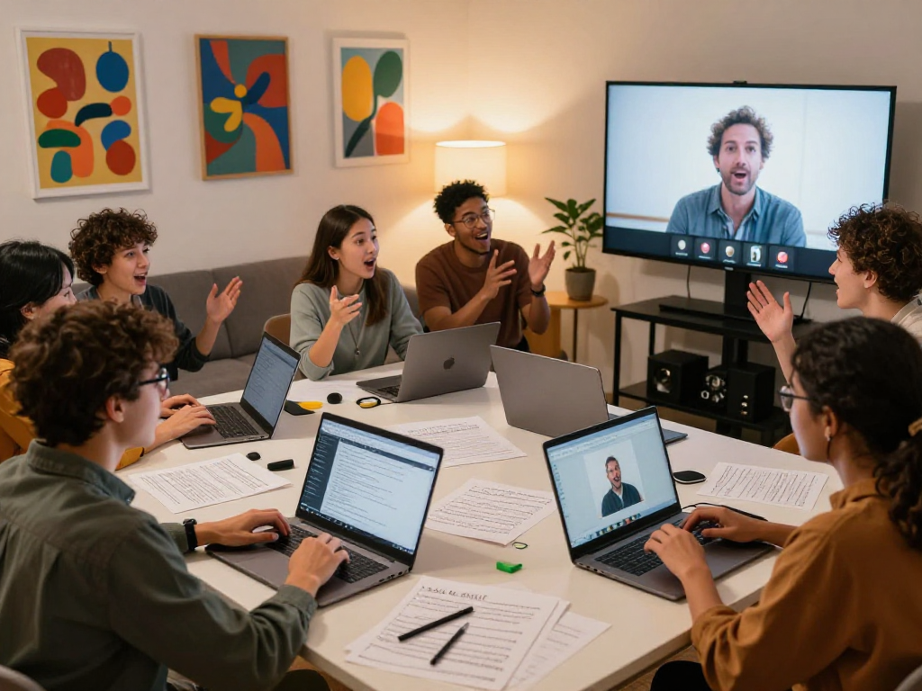 Interactive online beginner improv classes showcasing enthusiastic participants in lively home setups.