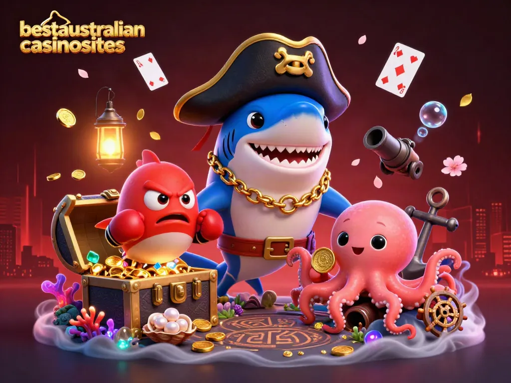 Vibrant 3D scene from bestaustraliancasinosites showcasing a pirate shark, pufferfish, and octopus in a dynamic underwater casino environment with treasure and games.