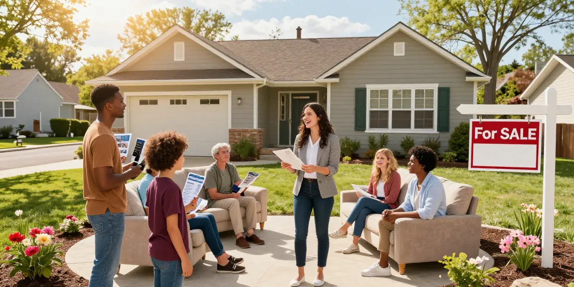 Prospective buyers exploring a property with a real estate agent, highlighting key features in a sunny neighborhood.