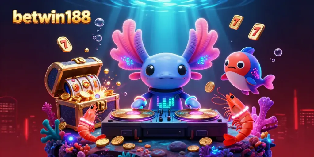 Menghadirkan keseruan bermain di betwin188 dengan ilustrasi karakter aksolot DJ dan elemen slot online yang menarik.