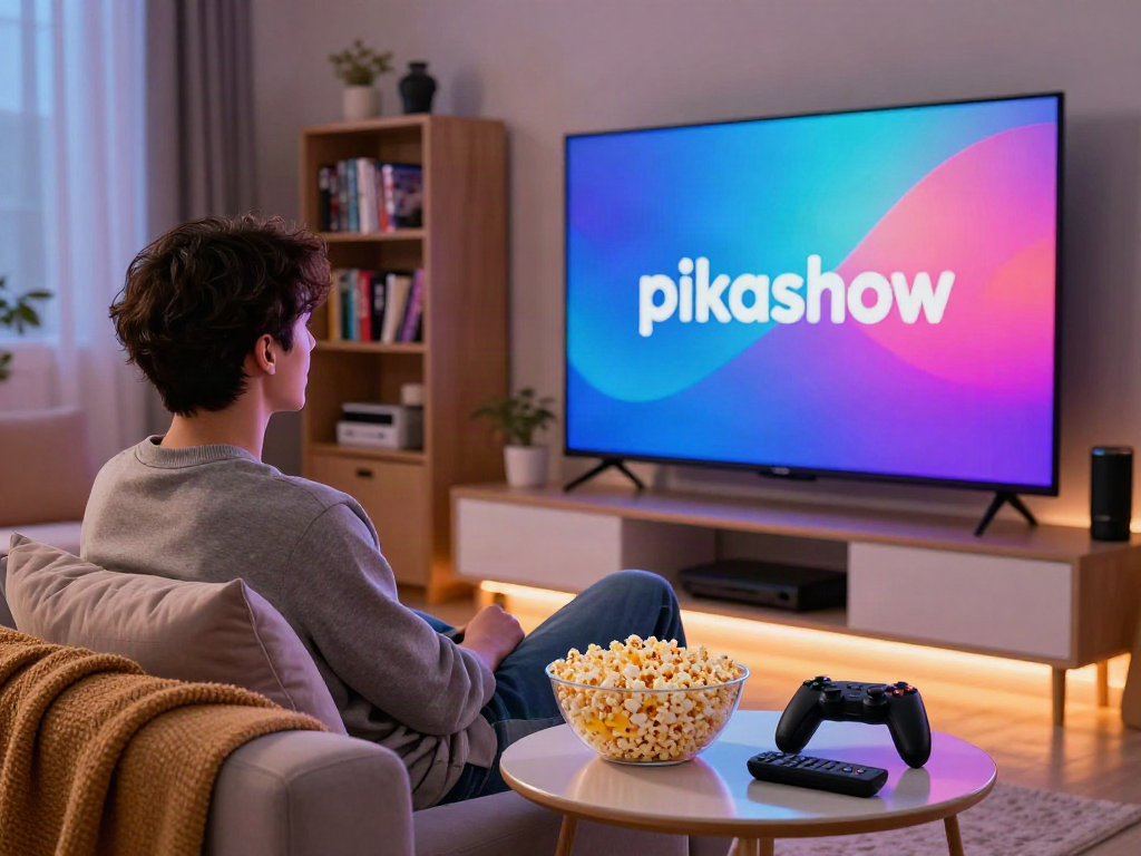 Engaging living room scene with Pikashow streaming on a TV, popcorn, and cozy ambiance