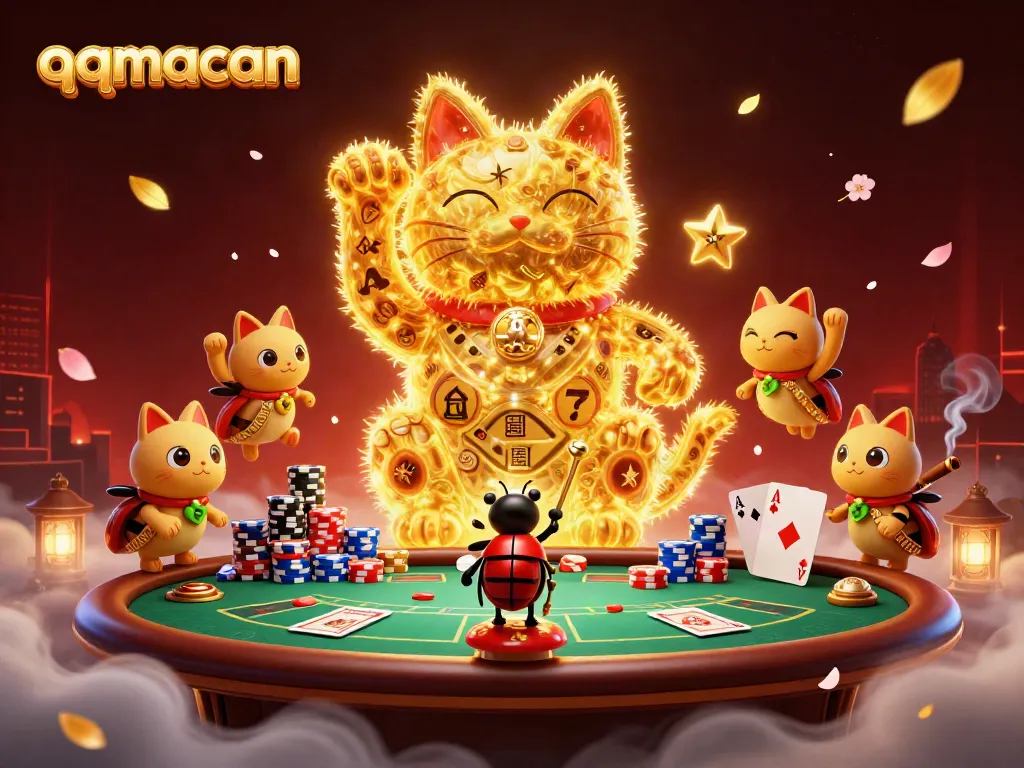 Engage with qqmacan's vibrant 3D illustration showcasing a lucky cat, poker elements, and a lively casino atmosphere.