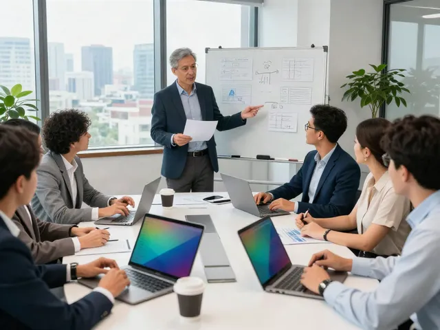 Turnaround consulting firm team analyzing strategic financial reports in a modern office.