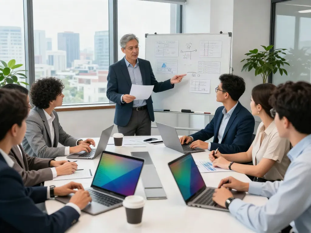 Turnaround consulting firm team analyzing strategic financial reports in a modern office.