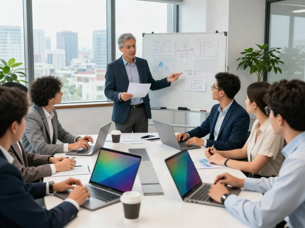 Turnaround consulting firm team analyzing strategic financial reports in a modern office.
