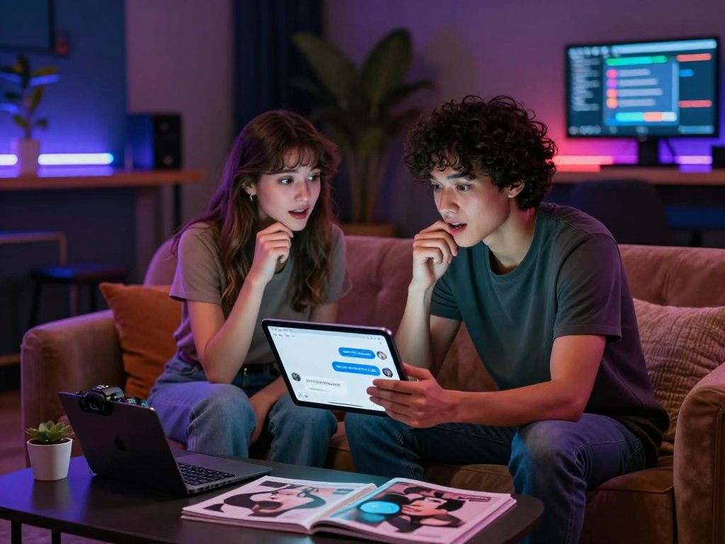 Dynamic ai chat nsfw interaction in a cozy lounge with tech gadgets.