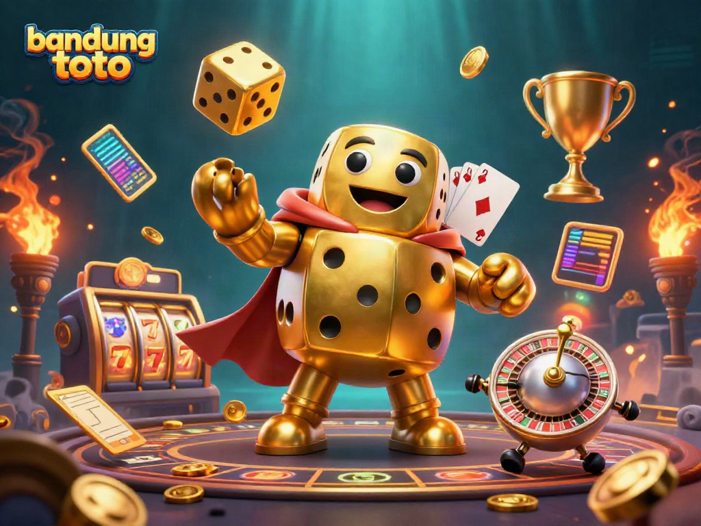 Engage with bandung toto in a vibrant online casino scene featuring a golden dice golem and slot reels.