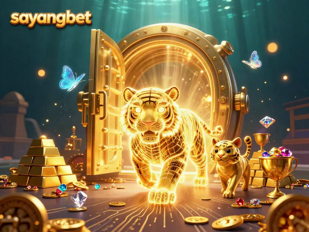 Experience thrilling wins at Sayangbet with a dazzling 3D casino scene featuring a golden tiger and treasures.