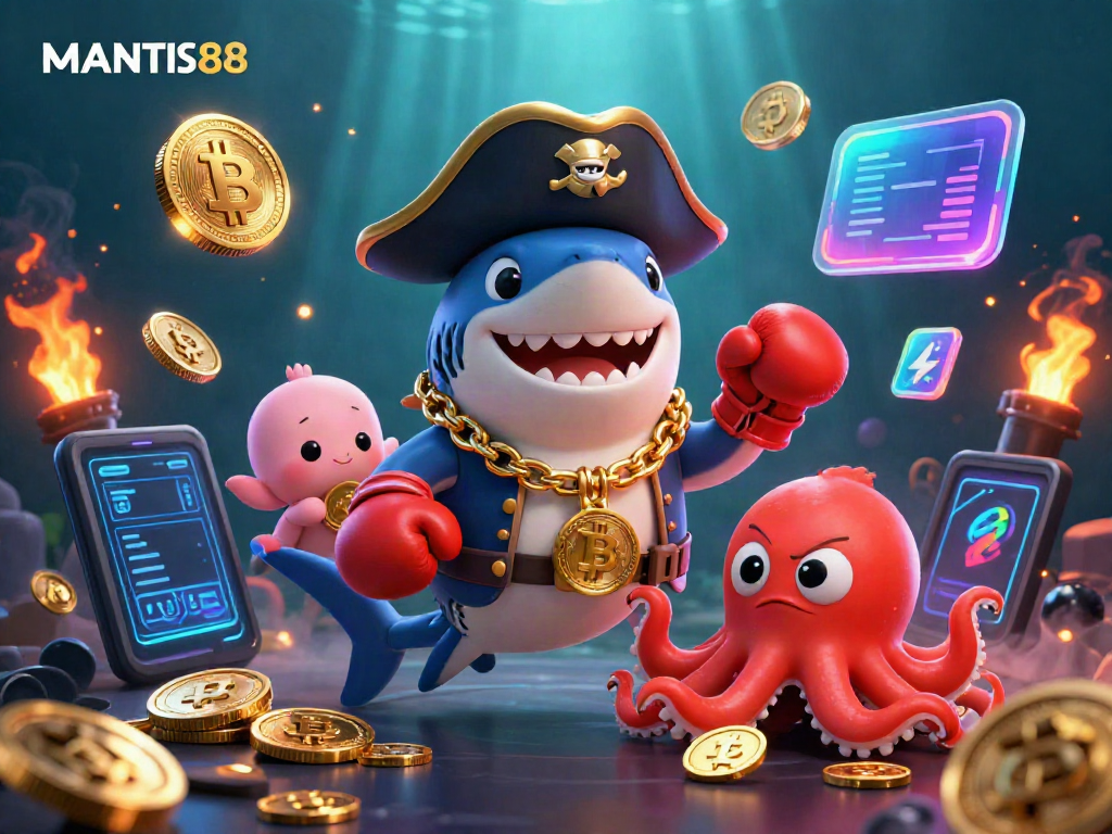 MANTIS88 showcases an adventurous online gaming scene featuring a charismatic shark, a feisty pufferfish, and an octopus with coins.