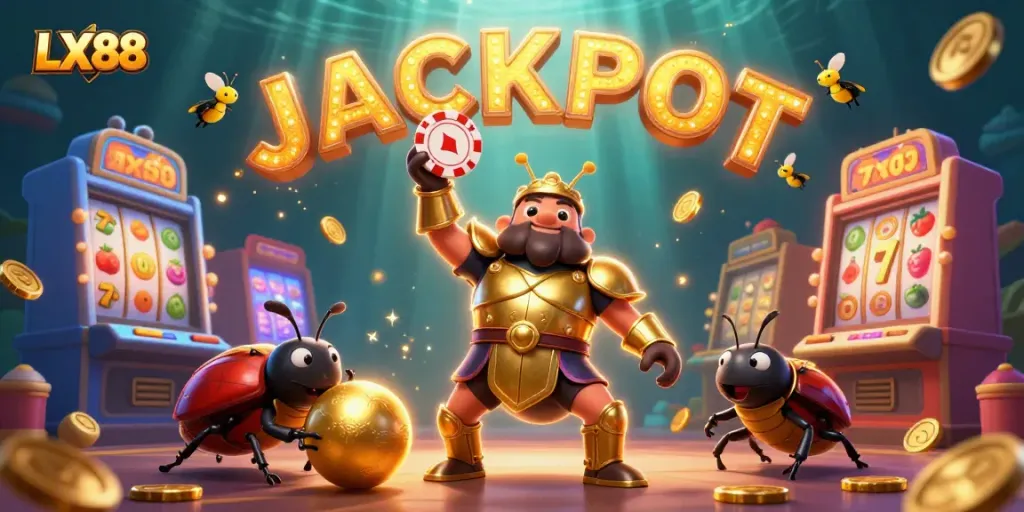 LX88 portrays a victorious beetle lifting a poker chip surrounded by dynamic casino elements like slot machines and gold coins.