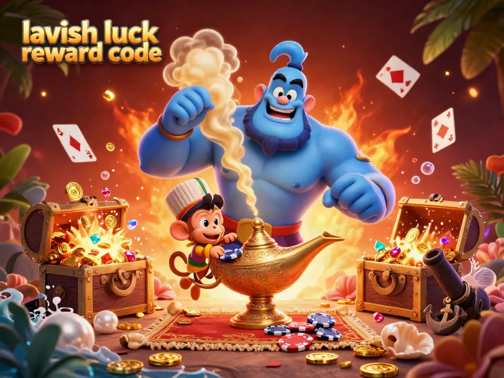 Win big with lavish luck reward code in a vibrant casino-themed digital illustration.